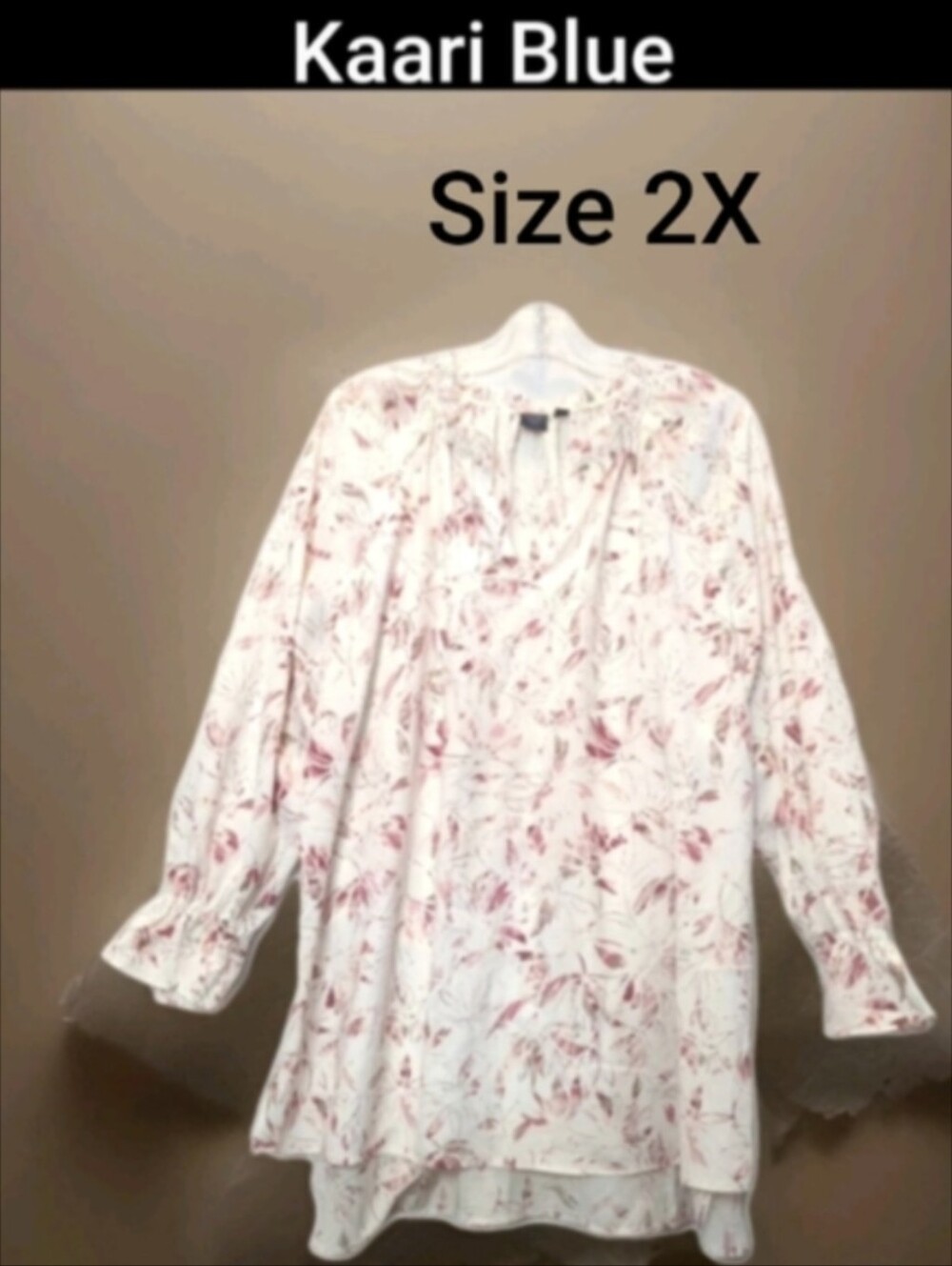 Women's Kaari Blue Round Ruffleneck Size 2X Long Ruffle Sleeve Floral Cream Pink